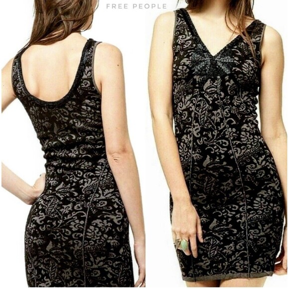 Free People Mini Dress Womens XS Black Starstruck Beaded Jacquard Bodycon - Picture 1 of 13